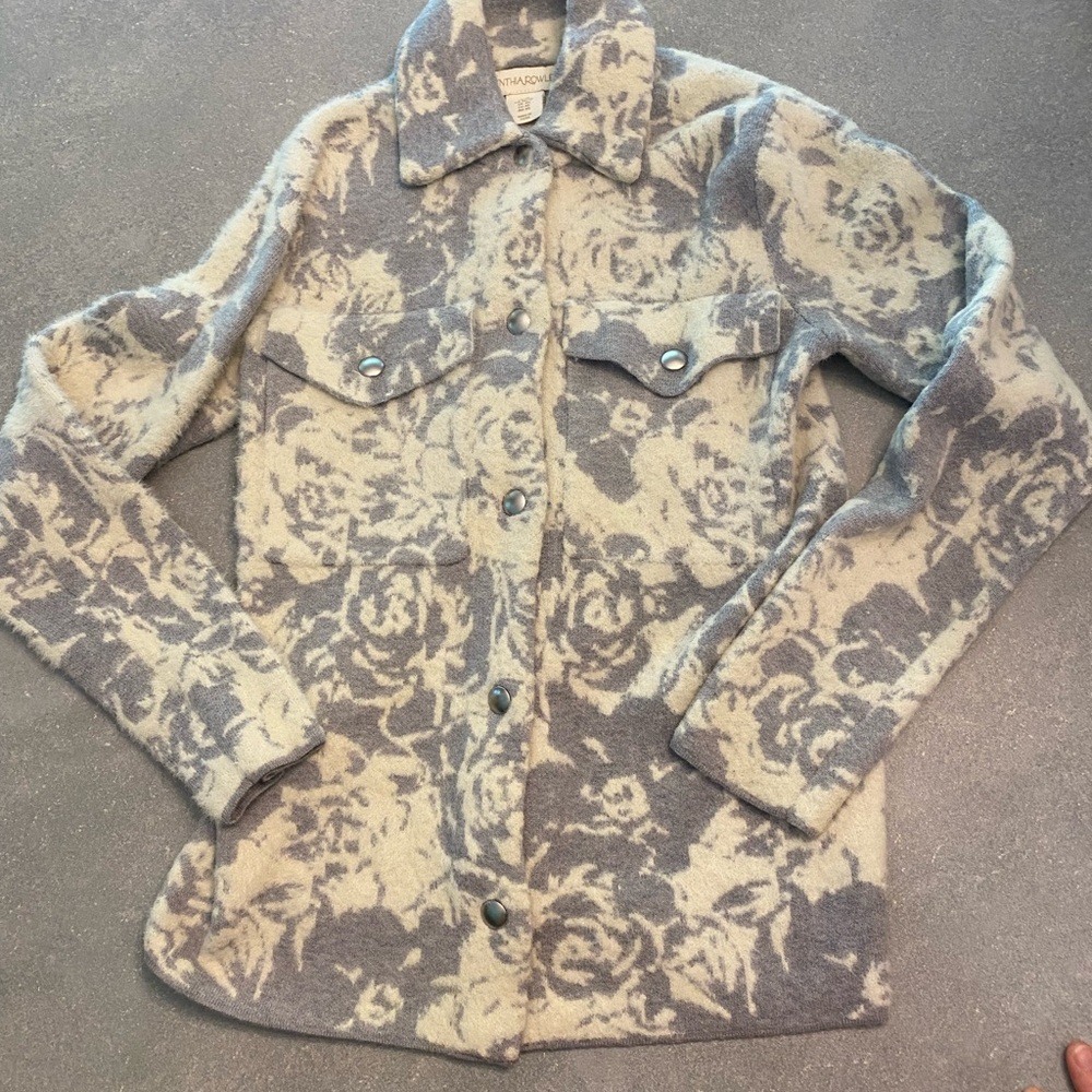 Anthropologie Floral Print Button-Front Wool Shirt Jacket - Gray & Cream